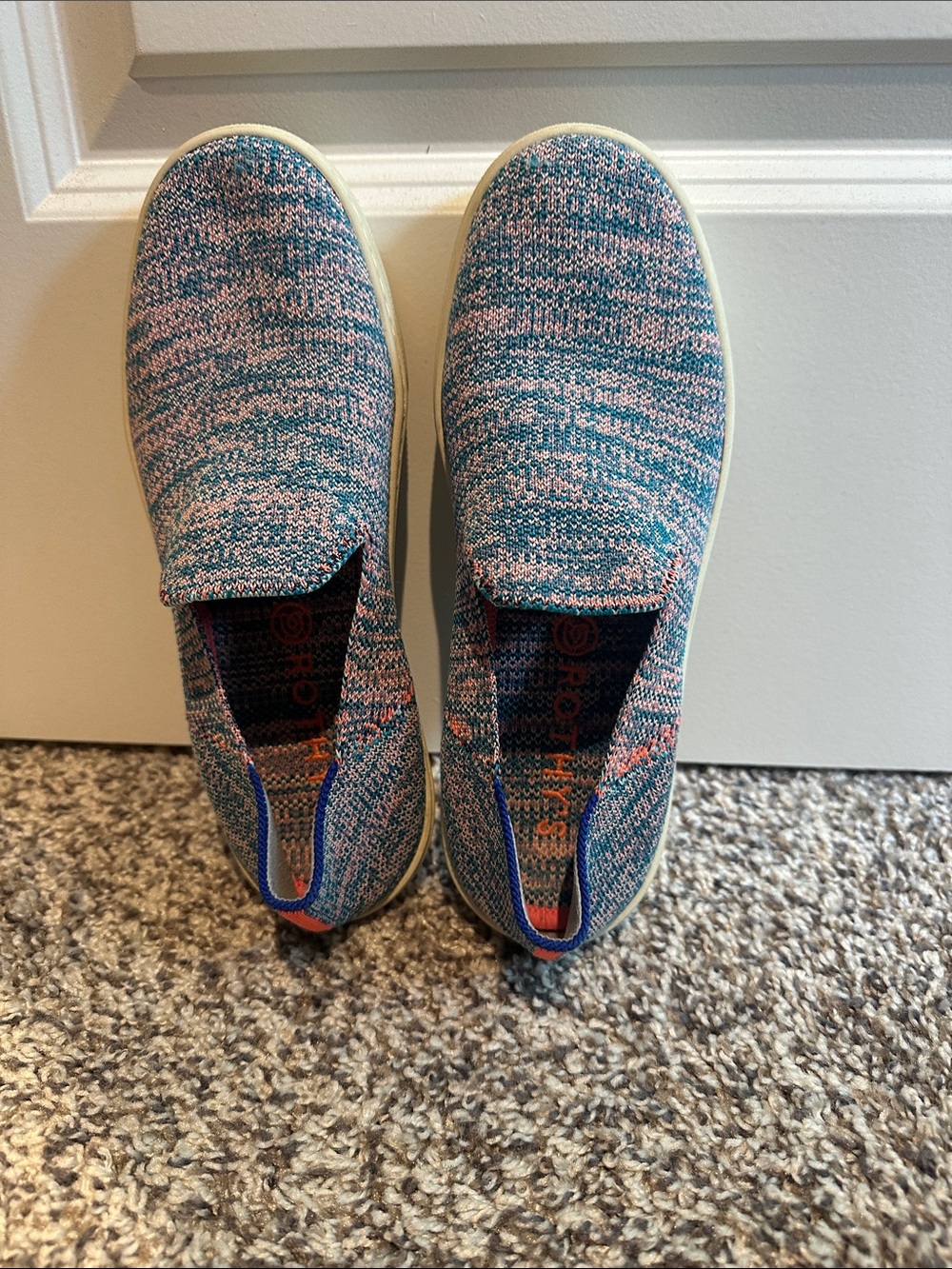 Rothy’s Original Slip-On Knit Sneakers in Teal and Pink